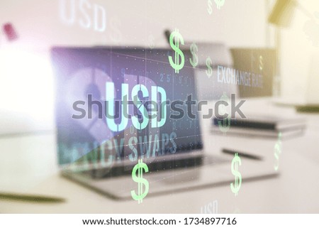 Creative EURO USD symbols sketch on modern laptop background, strategy and forecast concept. Multiexposure