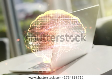Creative artificial Intelligence concept with human brain sketch on modern computer background. Double exposure