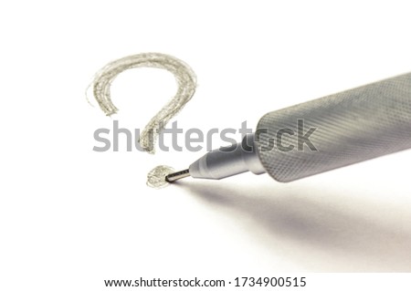 Part of professional  precise metal automatic pencil and question mark on white background. A pencil stylus is mounted on the point of a question mark. The concept of choosing a way out of the crisis.