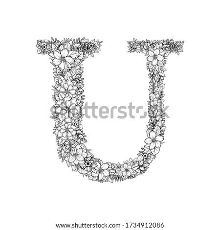 Handmade decorative font. Capital Latin letter with outline floral elements. Vector illustration
