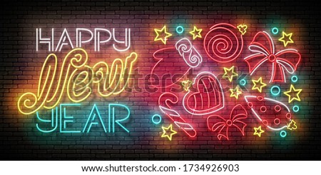 Greeting Card with Christmas Decorations, Santa's Mitten, Candy and Inscription. Happy New Year Template. Shiny Neon Poster, Flyer, Banner. Brick Wall. Vector 3d Illustration. Clipping Mask, Editable
