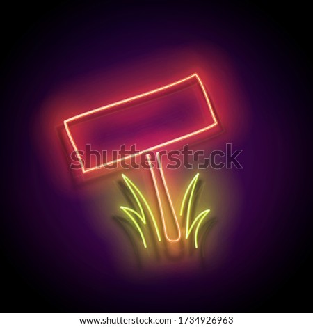 Glow Nameplate on the Lawn and Flowerbed. Template for Information with Place for Text. Cute Cartoon Billboard. Neon Poster, Flyer, Banner, Invitation. Vector 3d Illustration. Glossy Background