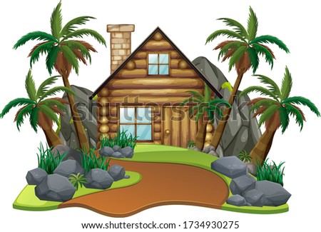 Scene with wooden hut in the park on white background illustration