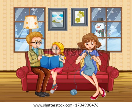 Happy family stay at home during winter illustration