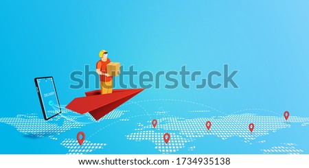Fast delivery service concept with delivery man on red paper plane fly through the smartphone and mobile application landing page background.Vector illustration.