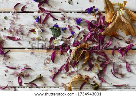 A top view image of loose dried flower petals on a white washed wooden table top. 