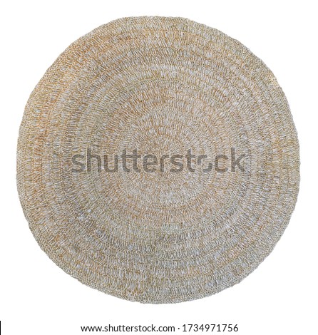 straw carpet round decor isolated on white background. Details of modern boho, bohemian, scandinavian and minimal style.