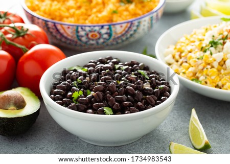 Baked beans with onion and cilantro, mexican food Royalty-Free Stock Photo #1734983543