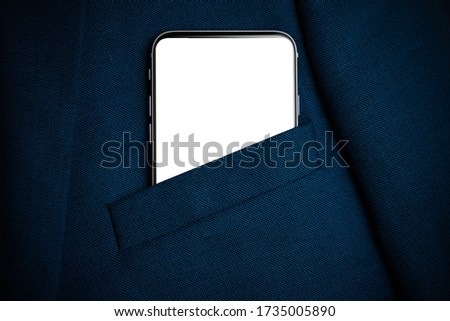 Black smartphone with white screen in men suit pocket close up. Copy space, mockup Royalty-Free Stock Photo #1735005890