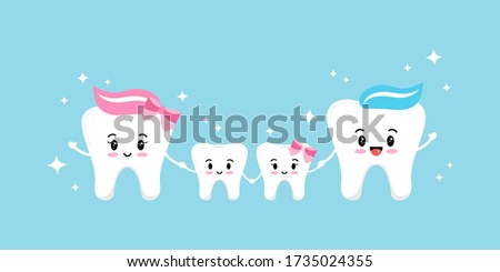 Happy teeth family isolated on blue background. Smiling emoji faces teeth family - mum, dad, son, daughter. Dental family logo vector flat design cartoon kawaii style illustration. Hygiene concept.