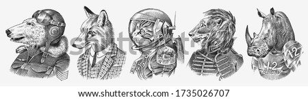 Fox and Rhino dressed up in Suit. Cat astronaut or Spaceman. Lion and Polar bear. Fashion Animal characters set. Hand drawn sketch. Vector engraved illustration for label, logo and T-shirts or tattoo. Royalty-Free Stock Photo #1735026707