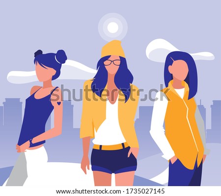 women avatars at park in front of city buildings design, Woman girl female person and people theme Vector illustration