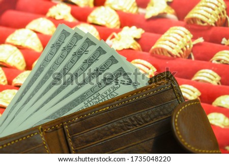 Bag with dollar bank and gold on the background