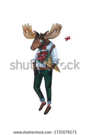 Cool moose hipster wearing stylish outfit. Animal man in dressy clothes with flowers isolated on white background. Hand drawn cartoon character illustration for avatar, urban fashion, t-shirt design