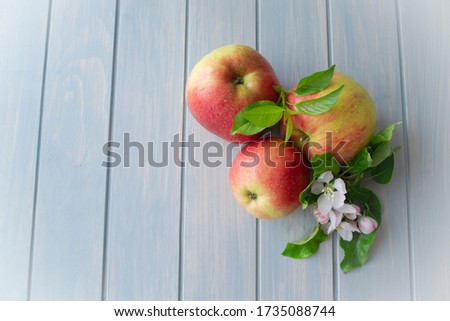 apples with leaf and flowers top view on a blue wooden background