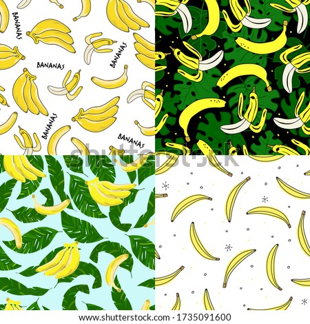 Homemade banana collection. Seamless patterns with bananas, exotic leaves and dot. Perfect for wallpaper, wrapping paper, textile and package design.