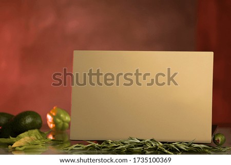 Top  view colorful laptop with same color objects