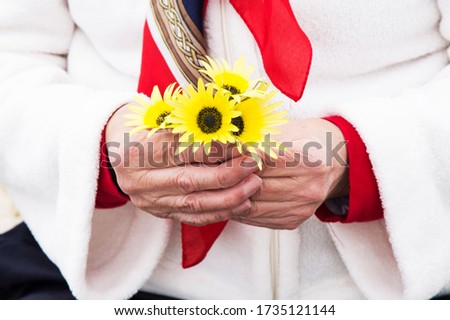 woman with yellow daisies in hands