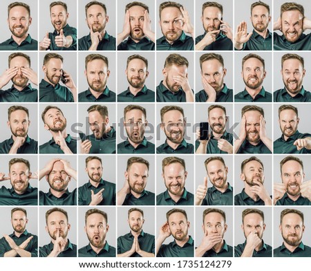 Set of handsome man with different emotions and gestures isolated over gray background