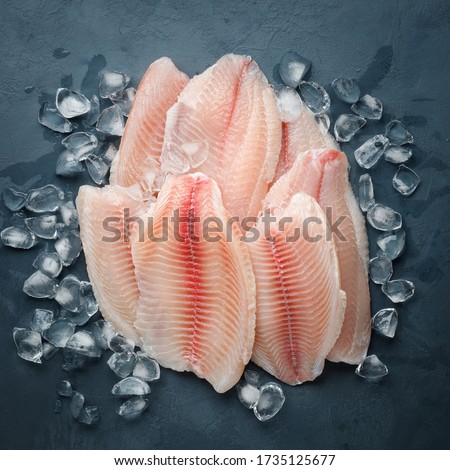 Fresh fish fillet of sea bass in ice on a dark slate background. Top view. Royalty-Free Stock Photo #1735125677