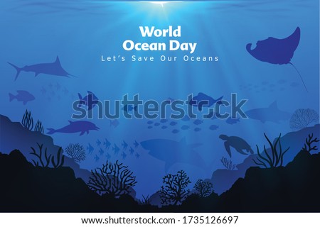 Let's save our oceans. World oceans day design with underwater ocean, dolphin, shark, coral, sea plants, stingray and turtle Royalty-Free Stock Photo #1735126697