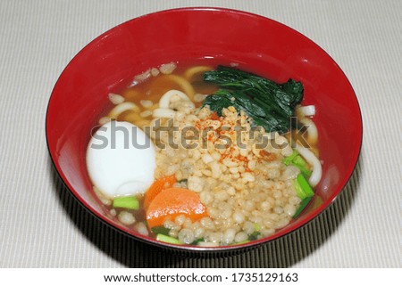 Homemade soup udon in a red bowl.