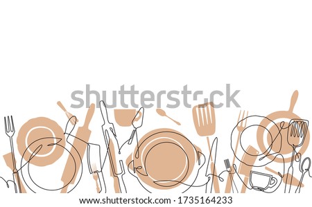 Cooking  Pattern. Background for your design works. One Line Drawing of Isolated Kitchen Utensils. Cooking  Poster. Vector illustration. Royalty-Free Stock Photo #1735164233