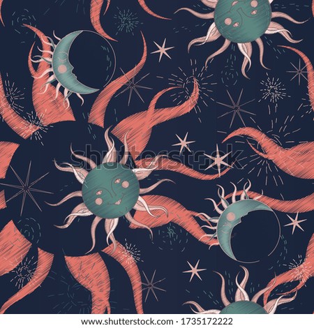Sun, moon and stars on a dark, blue sky, imitation of embroidery on fabric. Seamless vector illustration with starry sky. A square repeating design on the subject of astrology.