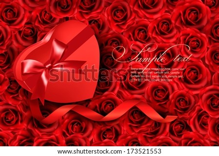 Heart-shaped gift box on rose background. Vector. 
