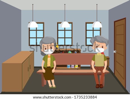 Background scene old people wearing mask at home illustration