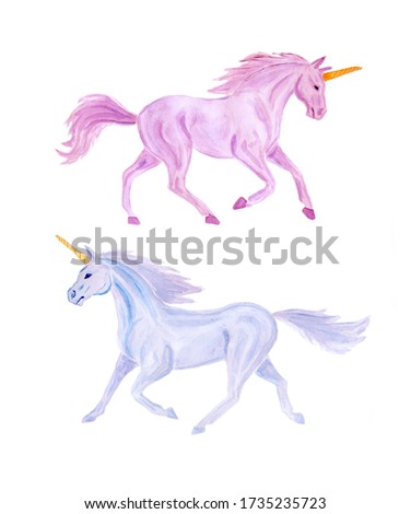 Watercolor set of two different pink and blue running unicorn isolated on white background 