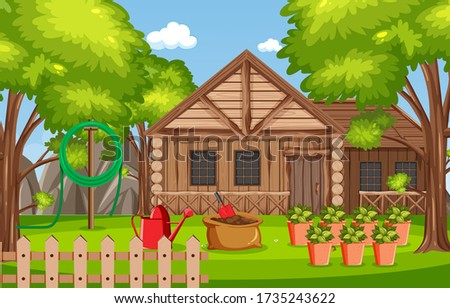 Background scene with wooden house in the woods illustration