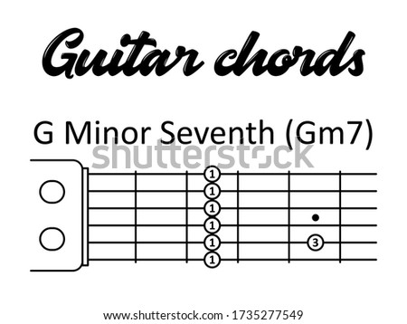 The basic guitar chord D Minor Seventh or Dm7 shown by numbers on the frets. Black and white vector illustration in flat style. Good for students, teachers, music schools, web page, presentation, app.