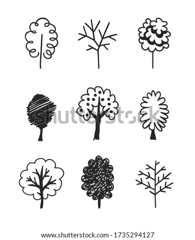 Hand drawn set of trees. Eco background. Abstract  doodle drawing woods. Art illustration plants