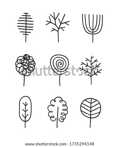 Hand drawn set of trees. Eco background. Abstract  doodle drawing woods. Art illustration plants