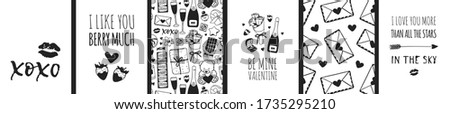 Set of Hand drawn Templates Fashion Cards with Romantic Objects and quote. Creative ink art work. Actual  drawing of Holiday things. Happy Valentine's Day Illustration