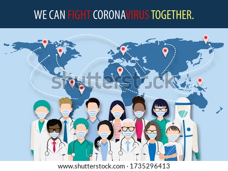 Cartoon character with doctors and medical staff around the world wearing face masks standing fighting for Coronavirus, Covid-19 on world map. Corona virus disease awareness vector