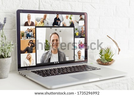 Team working by group video call share ideas brainstorming negotiating use video conference, pc screen view six multi ethnic young people, application advertisement easy and comfortable usage concept Royalty-Free Stock Photo #1735296992
