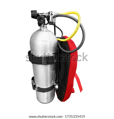 Scuba Cylinder oxygen container tank isolated on white background. This has clipping path.                                 Royalty-Free Stock Photo #1735335419