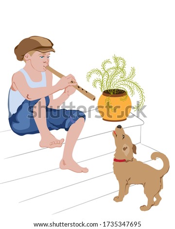 Young boy sitting on stairs and singing on pipe with his dog. Vector