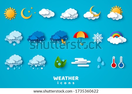 Paper cut weather icons set on blue background. Vector illustration. White clouds, dew on leaves, fog sign, day and night for forecast design. Winter and summer symbols, sun and thunderstorm stickers. Royalty-Free Stock Photo #1735360622
