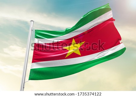 Suriname national flag cloth fabric waving on the sky  - Image