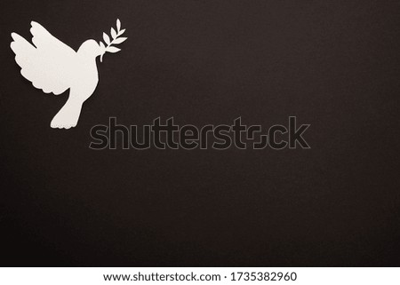 top view of white paper cut dove on black background