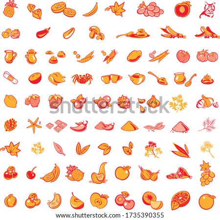 Pictograms of fruits, vegetables, herbs, spices, household items, animals in yellow and red on a white background.