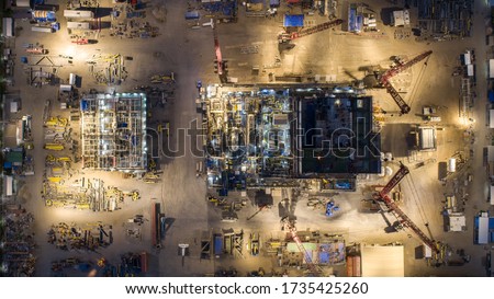 Aerial view oil rig prefabrication construction site