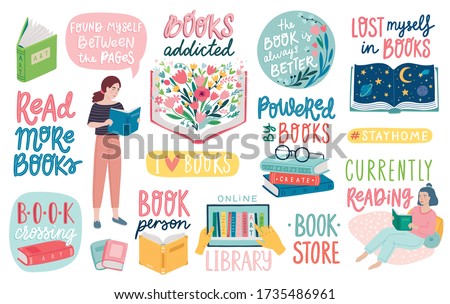 Books letterings, reading people and other elements. Motivational quotes set. Flat Vector illustration.