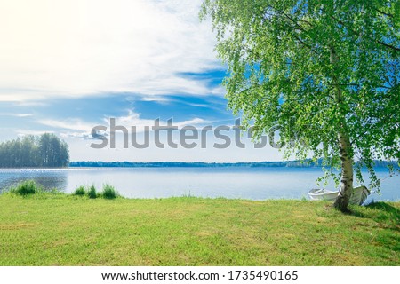 The beautiful landscape of a white simple wooden boat tied to a birch tree on the lake somewhere in the depths of Finland. Good summer day in nature. Concept vacation on the lake.