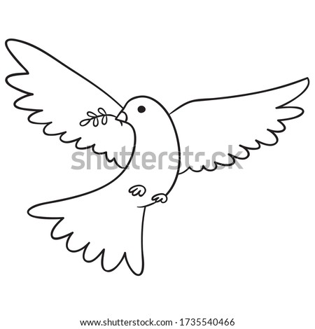 Cute Dove black outline freehand drawing, beautiful animal sketch, flying bird with olive branch in mouth illustration, coloring page image