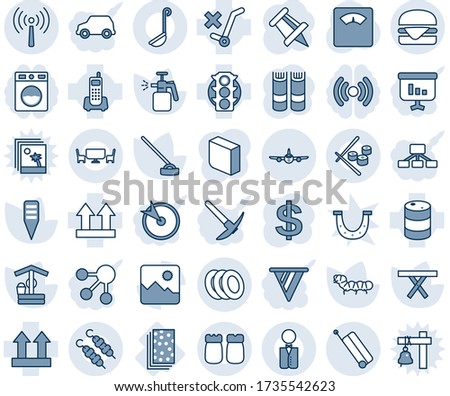 Blue tint and shade editable vector line icon set - antenna vector, suitcase, plane, dollar sign, book, drawing pin, well, hoe, plant label, caterpillar, picnic table, garden sprayer, scales, breads