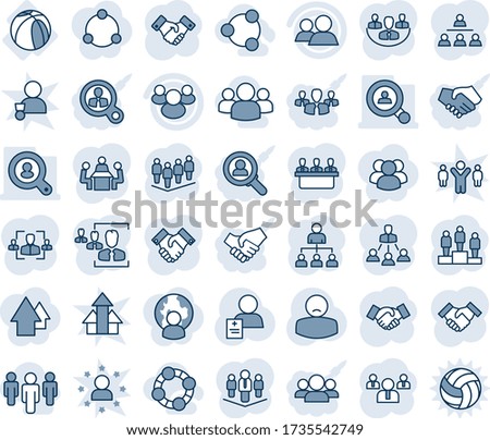Blue tint and shade editable vector line icon set - handshake vector, hierarchy, pedestal, team, patient, basketball ball, group, company, hr, meeting, client search, social, friends, consumer, star